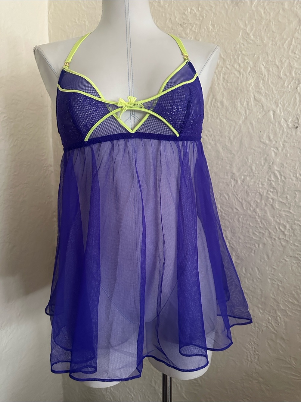 Victoria’s Secret Sheer Purple Babydoll Lingerie Neon Yellow Trim Small